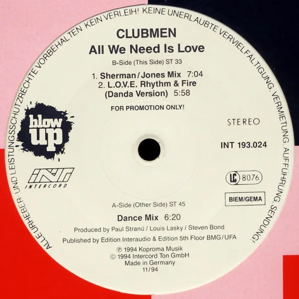 Оригинальный макси-сингл Clubmen - All We Need Is Love