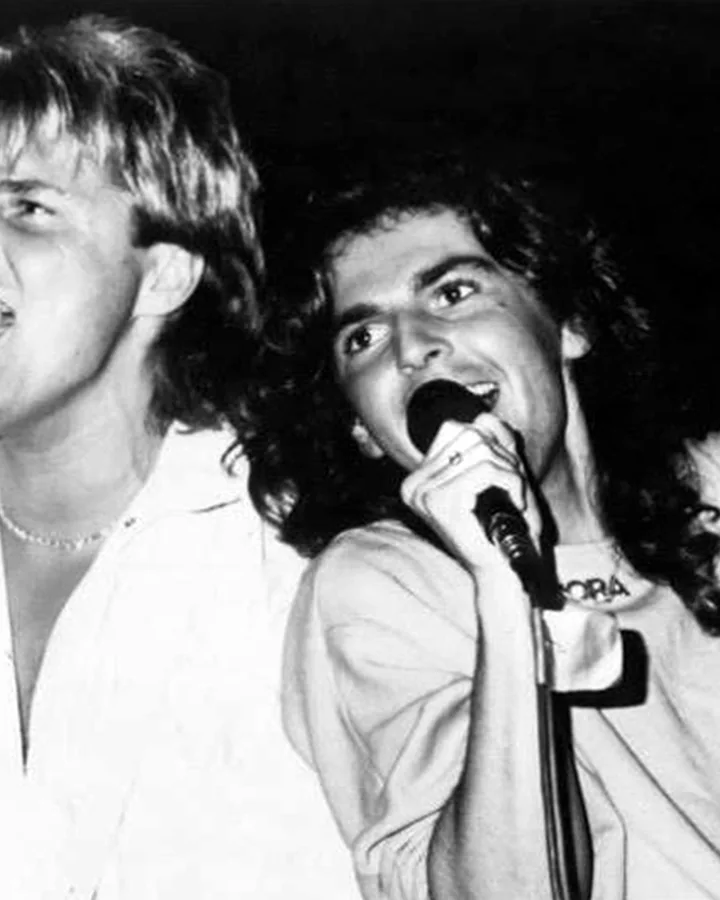 Promotional picture of the German music duo Modern Talking in the mid-80's during their short lived RCA Records USA tenure. From left to right: Dieter Bohlen an
