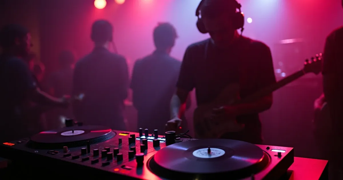 диджей за двумя вертушками Technics SL-1200, 1980 - 12-дюймовый сингл на левой деке, наушники, crossfader