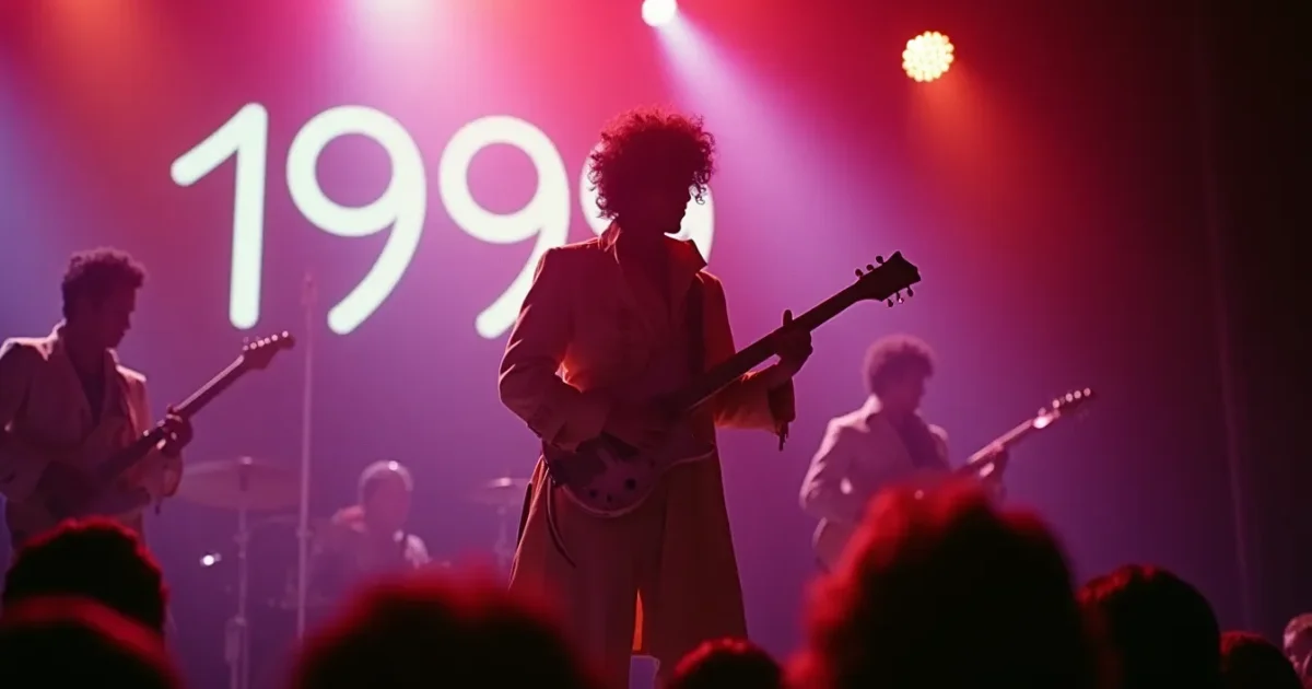 concert still from Prince's 1982 show at Detroit Masonic Temple - Prince in a trench coat with “1999” on the stage backdrop