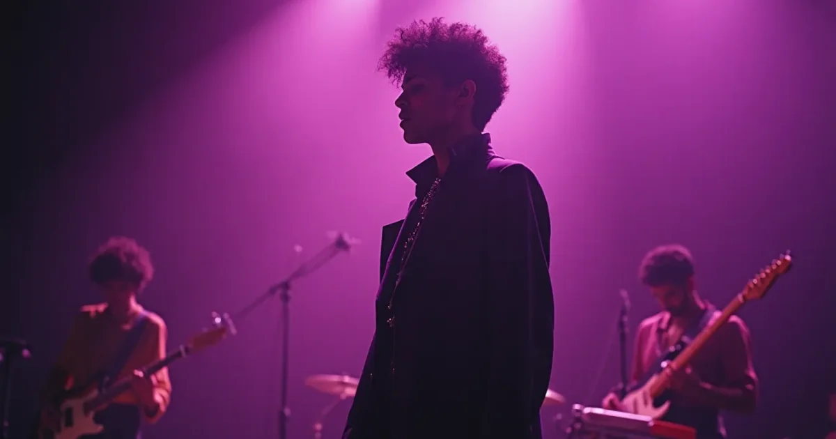 the 1982 “1999” album cover - Prince in a black trench on a purple ground, handwritten “1999” numerals