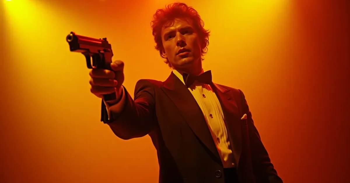Duran Duran in the “A View to a Kill” sleeve shoot - 1985, Simon Le Bon in tuxedo, holding a PP7 pistol; gold background