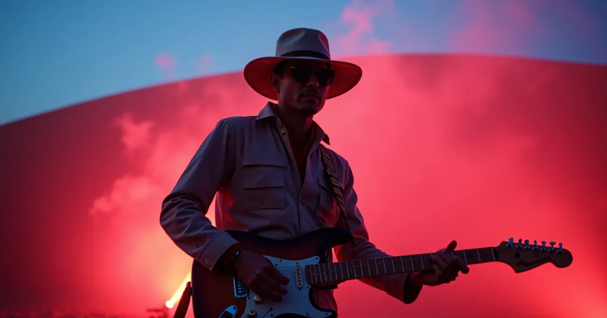 Weezer “Africa” 2018 poster - Scott Shriner dressed as a desert explorer, Namib Desert sand in the background