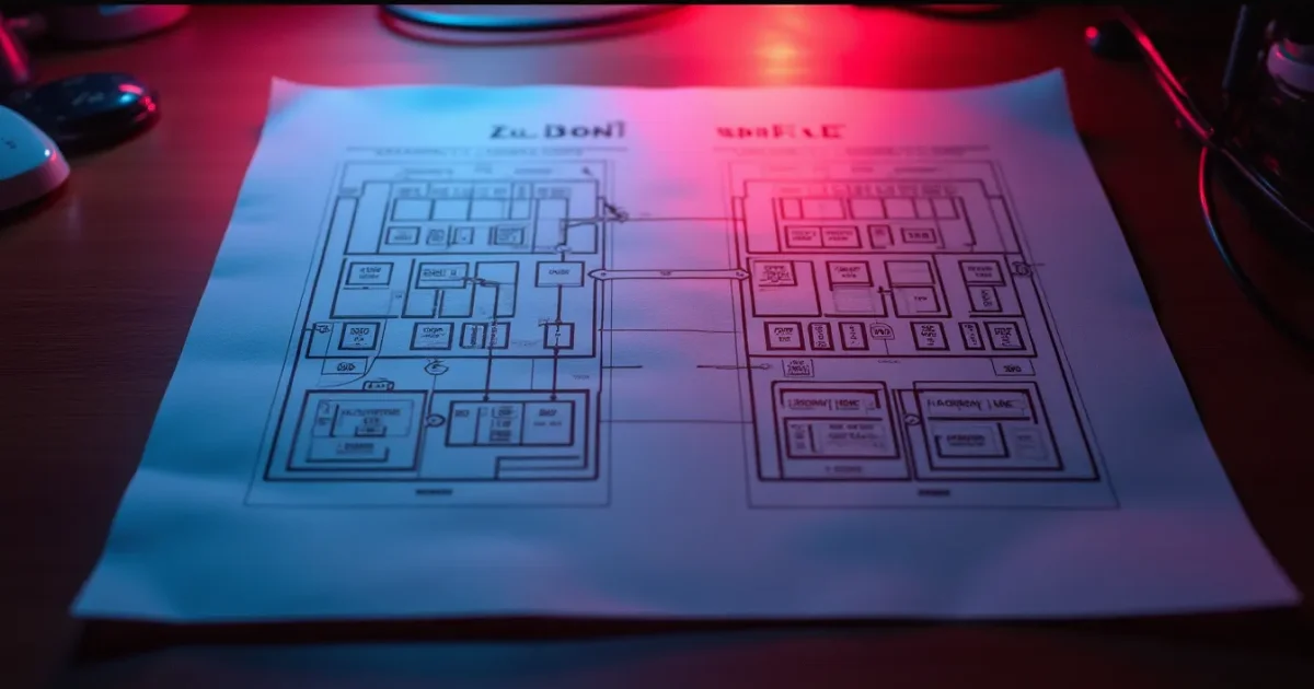comparative diagram on paper - left: block diagram of 808 analog generation (oscillator → filter → VCA), right: block diagram of LM-1 sample playback (ROM chip → DAC → output), 1982
