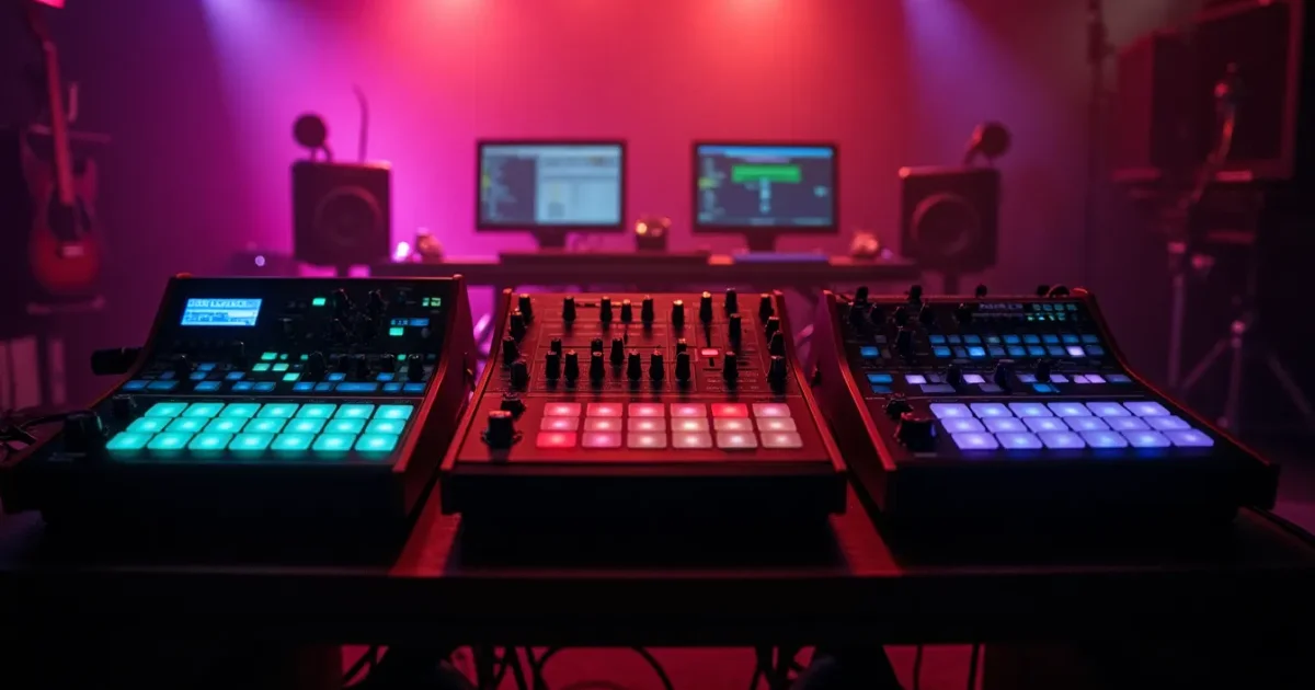 three drum machines in a row on a studio rack - left: TR-808, centre: LM-1, right: Oberheim DMX, MIDI and audio cables running to the mixer, studio lighting 1983