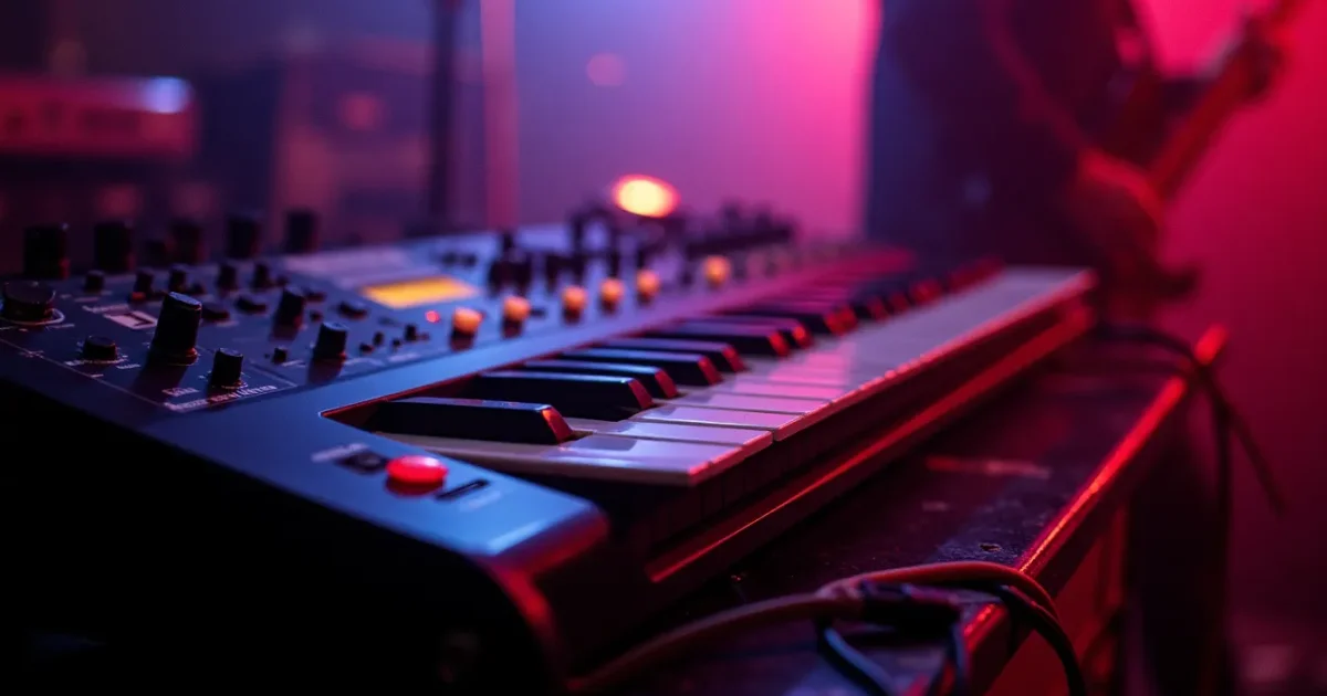 Roland Jupiter-8 в студии - крупный план панели арпеджиатора, переключатели режимов и ручка темпа; провода от CV/gate