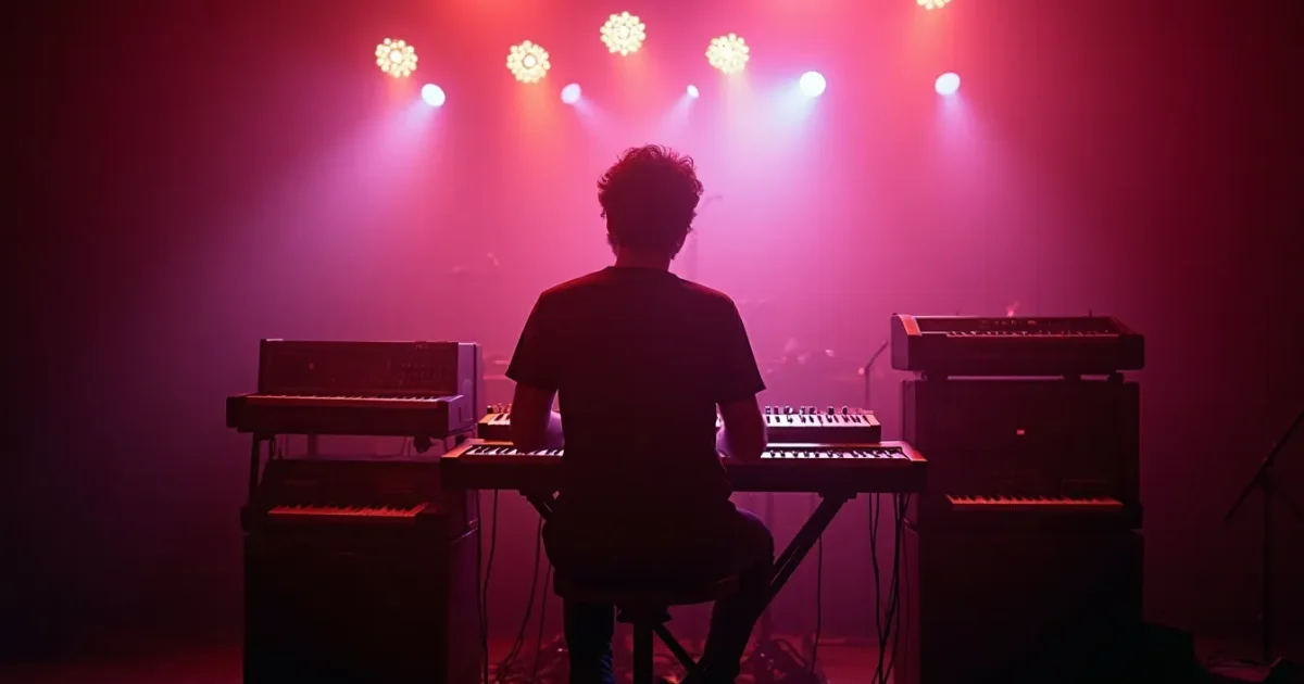 Red Deer Studio Лос-Анджелес, Jupiter-8, DX7 и Prophet-5 на стойке, Фальтермейер за синтезатором