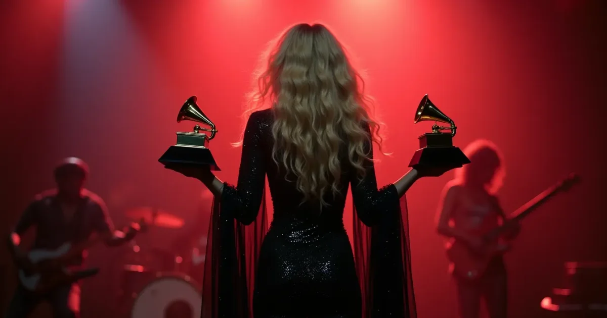 Kim Carnes at the 1982 Grammy Awards, 24 February 1982, Shrine Auditorium - black sequinned dress, holding both Grammy statuettes