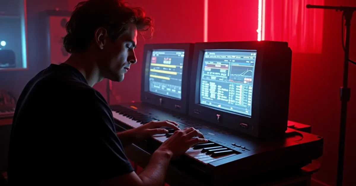 Bernard Sumner за E-mu Emulator II в Yellow 2 Studios, лето 1986 - на экране рабочие сэмплы