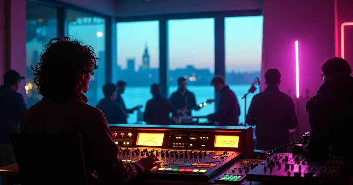 пульт и секвенсор Roland MC-4 в Britannia Row Studios, пультовая с видом на Темзу