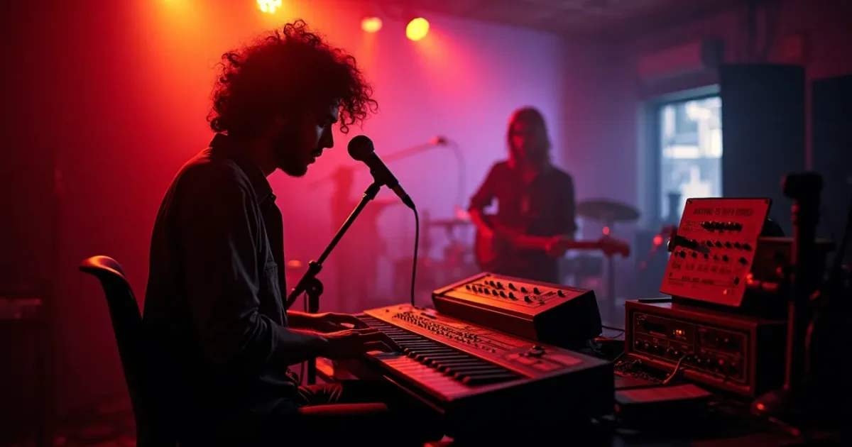 A studio in Milan, 1984 - silhouette of Fabrizio Rizzolo at a microphone, a Roland Jupiter-8 on the console, the “Talking to the Night” cover on the wall