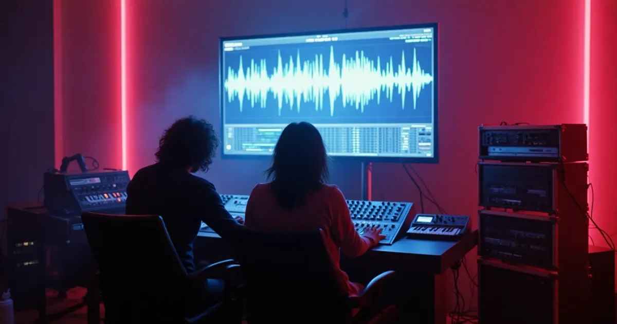 A Milanese studio, 1984 - two producers at an automation console, a “Talking to the Night” waveform on screen, a rack with a Roland Jupiter-8 and LinnDrum nearby