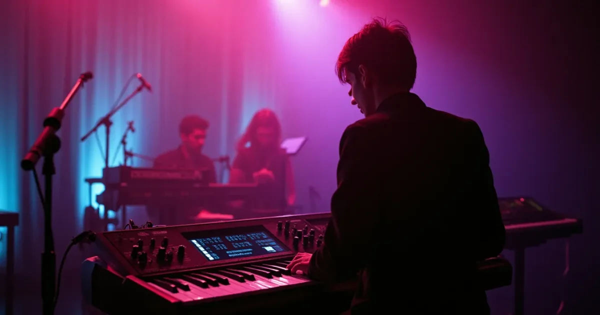 Polymoog with the “Vox Humana” label on the preset panel, Gary Numan at the keyboard