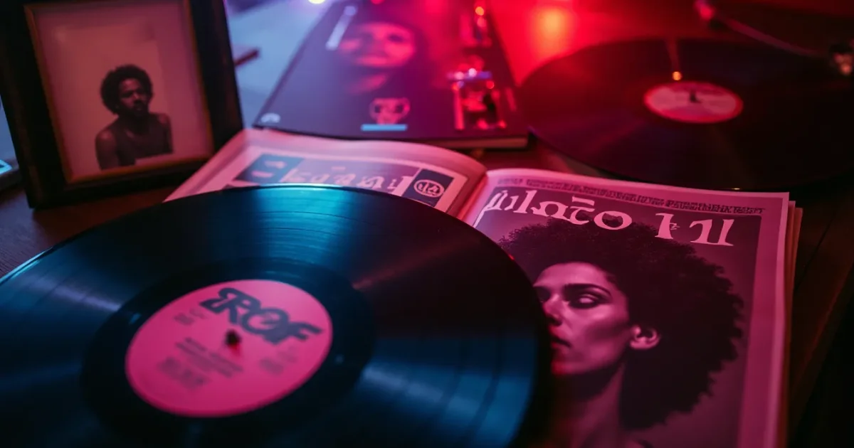 Виниловые пластинки Raf «Self Control» и Azoto «Disco Fizz» рядом с фотографией Celso Valli - мемориальная композиция