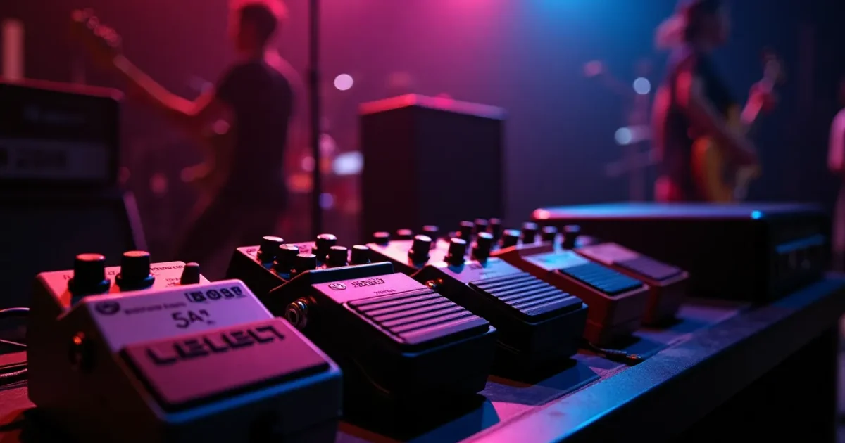 row of Boss pedals on a 1984 pedalboard - CE-1, CE-2, CE-3, DC-2, nearby a Fender Stratocaster and a Roland Jazz Chorus amplifier