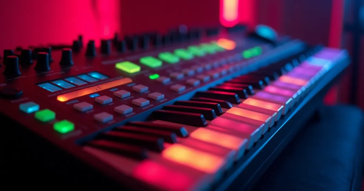 Close-up of the Roland TR-808 button panel - rows of coloured step buttons, pattern indicator at 1, the clap steps illuminated