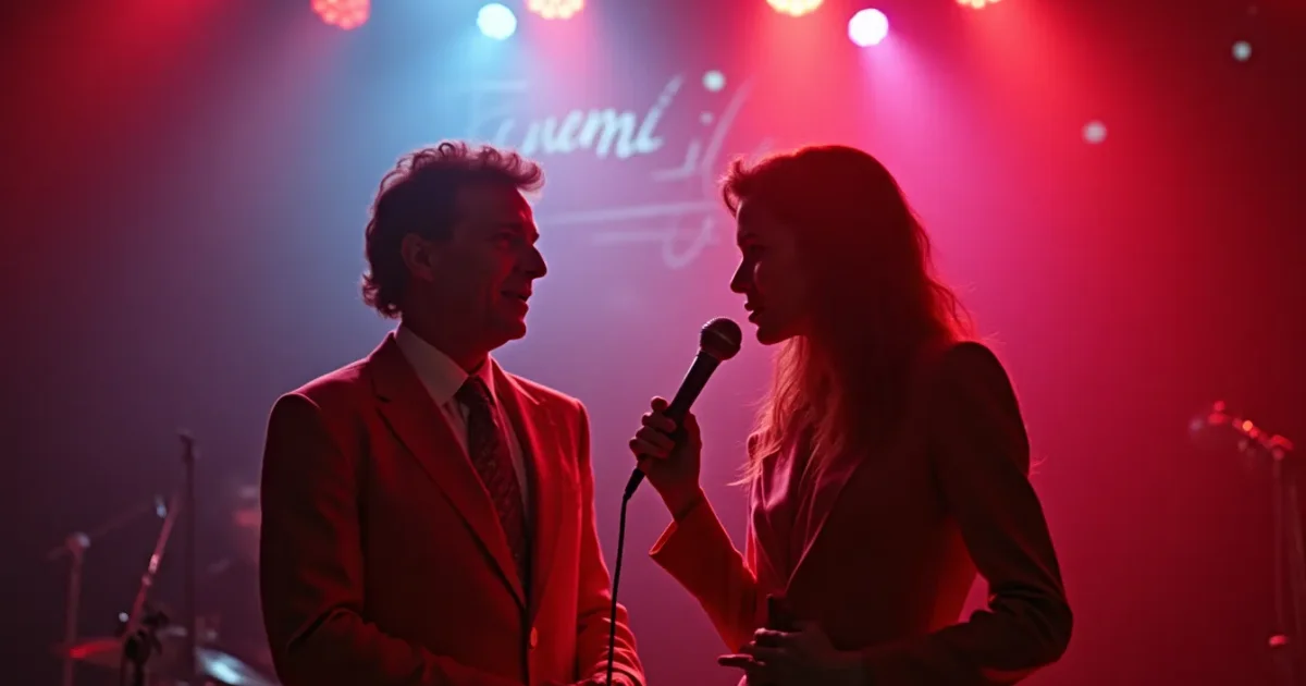 Клаудио Чеккетто и Патриция Россетти ведут Sanremo 1982 - яркие костюмы, логотип Festivalbar на заднем плане