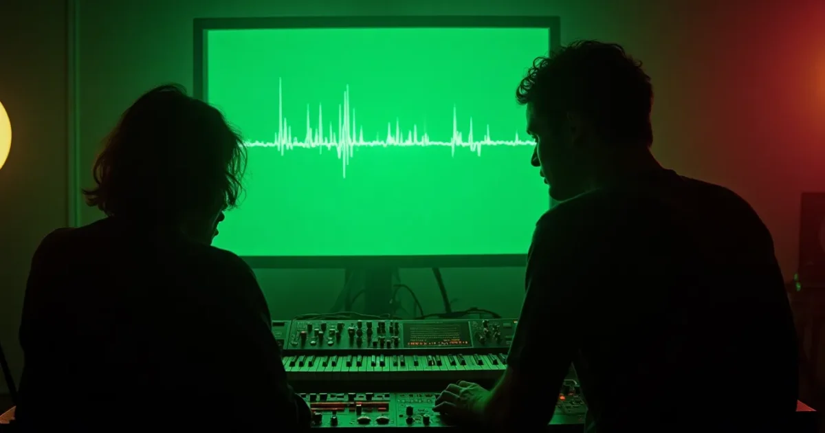Giorgio Spagna at the Roland Jupiter-8 and TR-808 in Memory Records studio, Milan, 1984 - a green waveform on an oscilloscope monitor