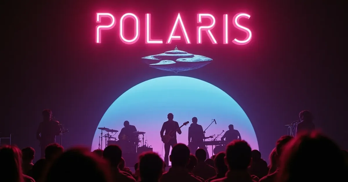 Sleeve of the 12" "Polaris" by Cyber People, 1984 - a spaceship above a planet, neon lettering on a black background