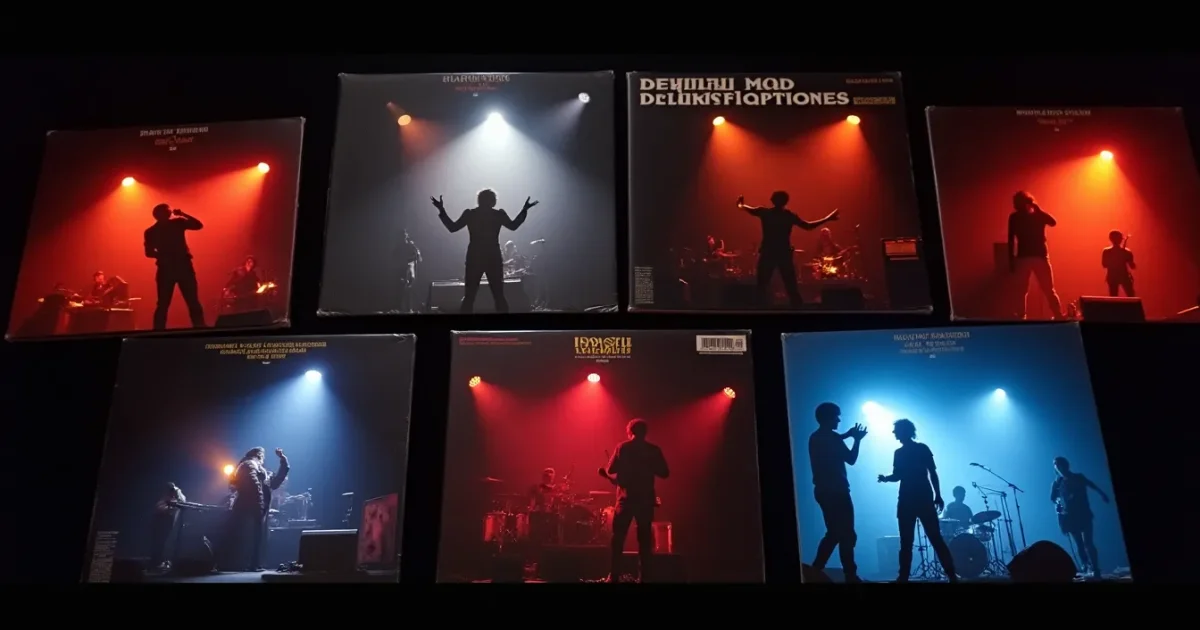 виниловые обложки 1983-1988 годов, разложенные на чёрном фоне - Clan of Xymox, Depeche Mode «Black Celebration», Wolfsheim, Deine Lakaien, Cocteau Twins