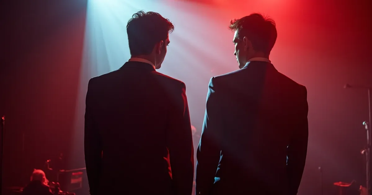 Bogdan Titomir and Sergey Lemoh on stage in 1990 - the exotic-pop duo "Kar-Men," two men in matching suits, stage lighting, silhouettes in three-quarter profile to the audience