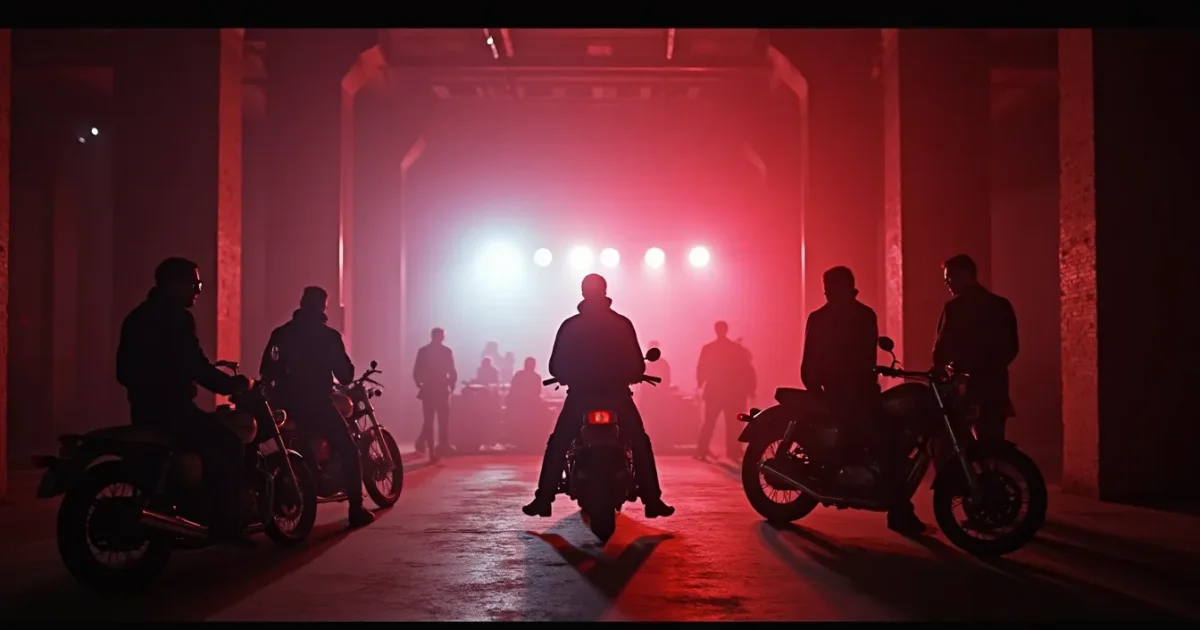 the night shoot of the "Delai kak ya" video at the "Trekhgornaya Manufaktura" power plant, August 1991 - spotlights, brick walls, silhouettes of motorcycles and people in a dark industrial hall