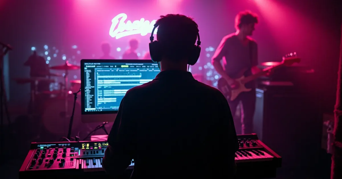 Disco Magic studio - valex77 at a synthesizer, sequencer screen showing the bass part for the "Девчонки" cover