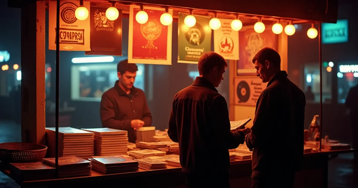 A Gorbushka stall in Filyovsky Park, 1993 - baskets of vinyl on the left, the first CDs in stacks on the right, a seller seen from behind showing a customer both formats, posters in the background