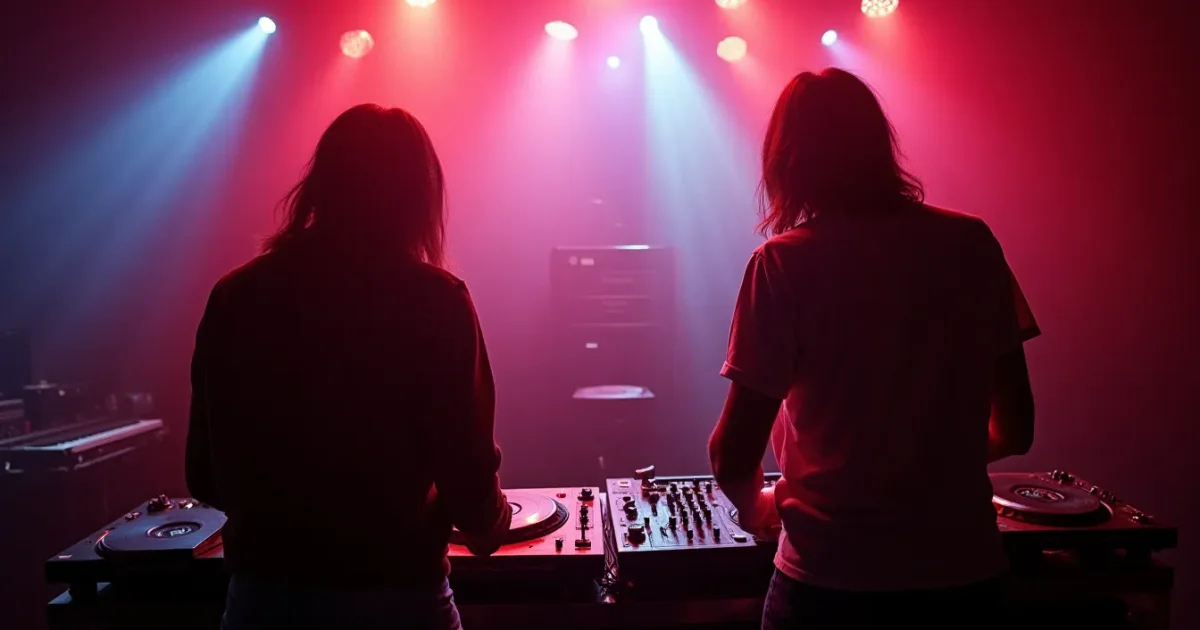 Two booths compared - Technics SL-1200 with 80s vinyl on the left, Pioneer CDJ-500 with 90s CDs on the right, a mixing console in the background, neon lighting