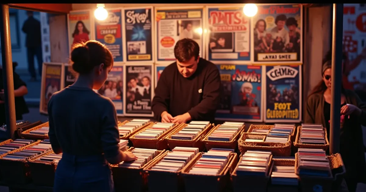 A Gorbushka stall in Filyovsky Park, early 1990s - baskets of audio cassettes and pirate CDs, a seller seen from behind laying out cassettes with Eurodance compilations, a wall of Snap! and 2 Unlimited posters in the background