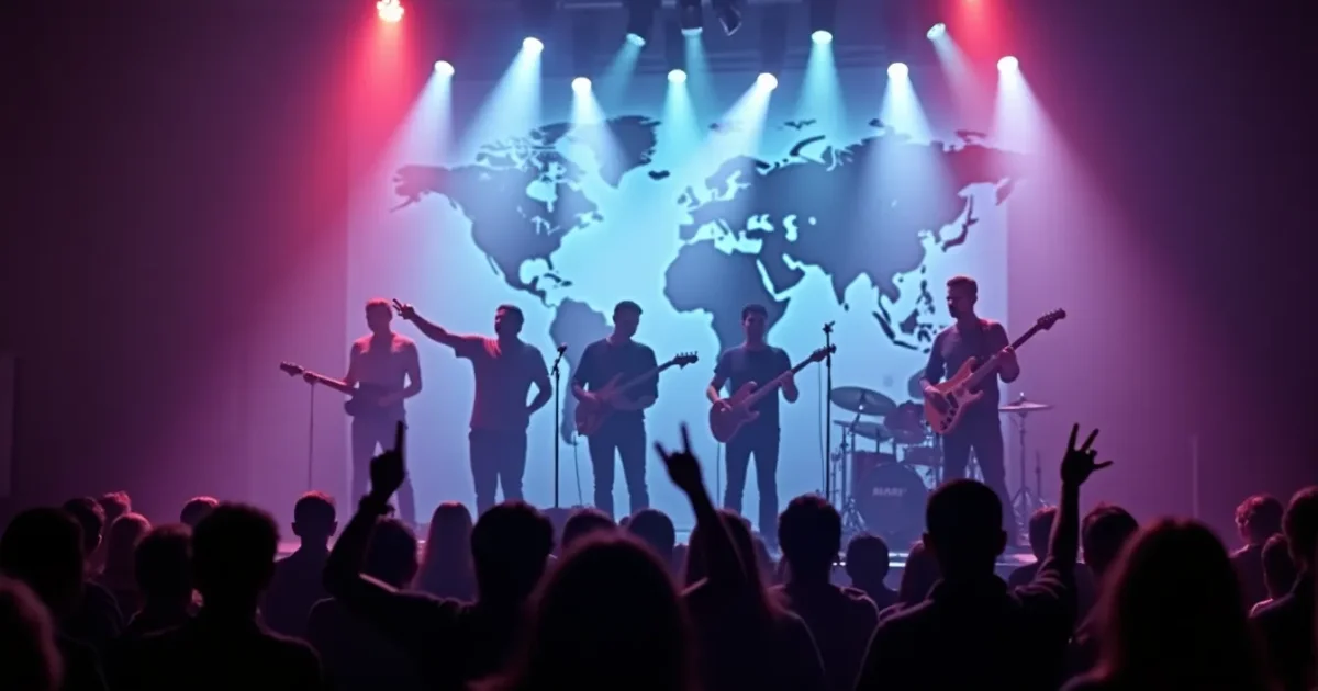 A Kar-Man concert in a provincial community centre, 1990 - silhouettes of the five-person dance machine under spotlights, a world-map backdrop from the "Vokrug sveta" album behind them, audience members with raised hands in the front rows