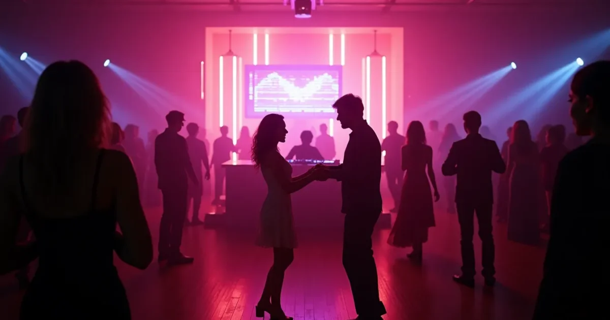 The corporate dancefloor during warm-up - the first couples on the floor, a DJ behind CD players mixing Haddaway into Corona, waveforms running on the monitor, a neon light fixture slowly sweeping beams