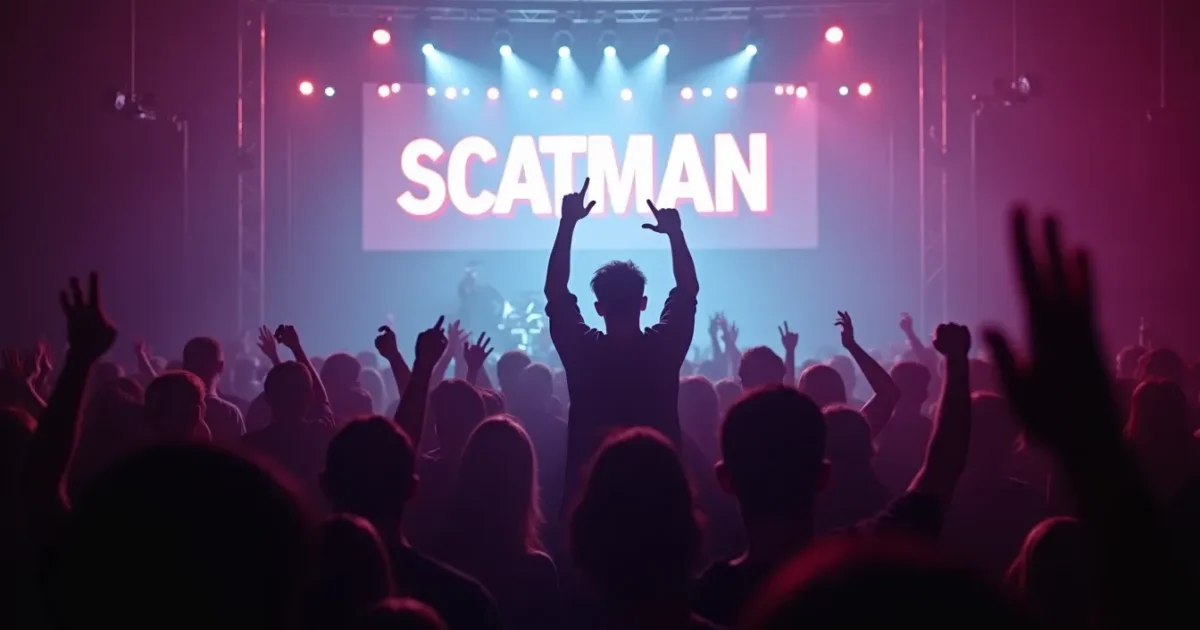 The corporate peak - a packed dancefloor, strobe flashing, the DJ raises a hand, "SCATMAN" written large on the screen behind, raised hands visible in the crowd