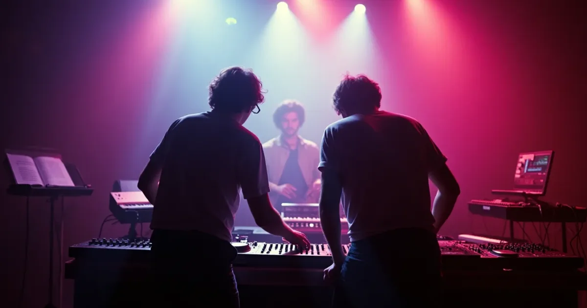 Aldo Martinelli and Fabrizio Gatto at the Il Discotto mixer, Milan, 1983 - scores and synths in the background
