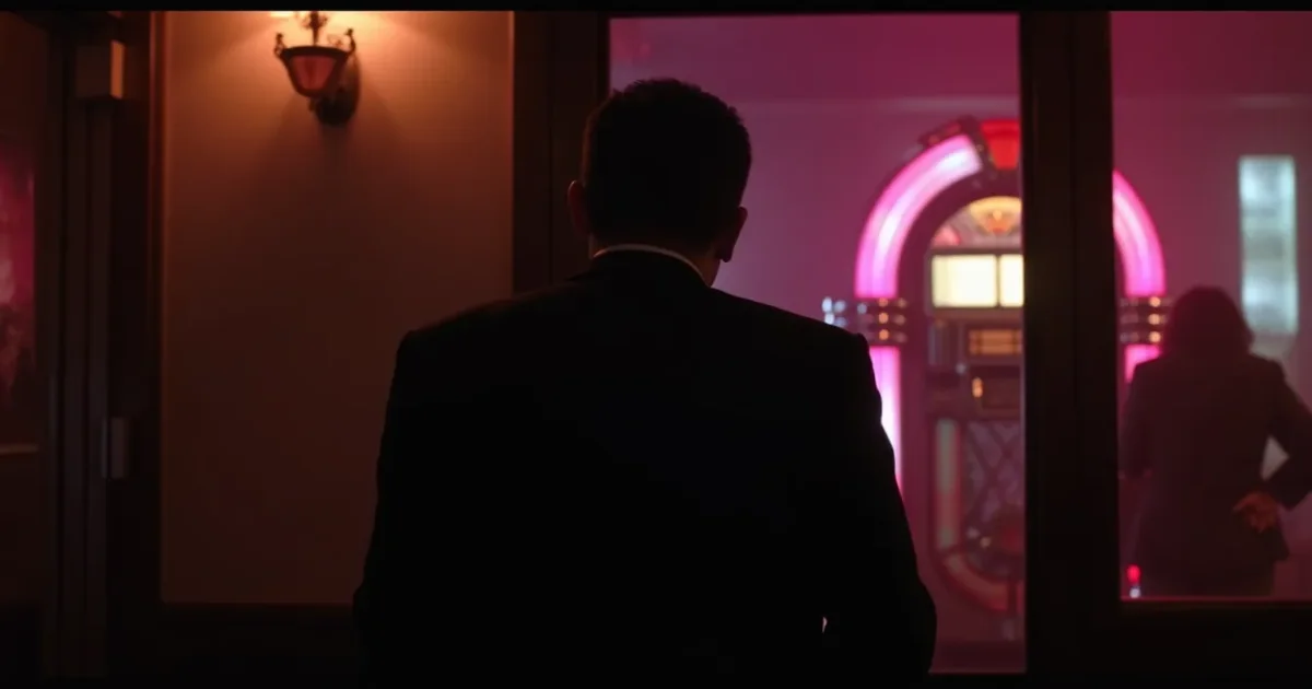 still from the 2007 Sopranos finale - Tony watches the diner door, a jukebox in the background