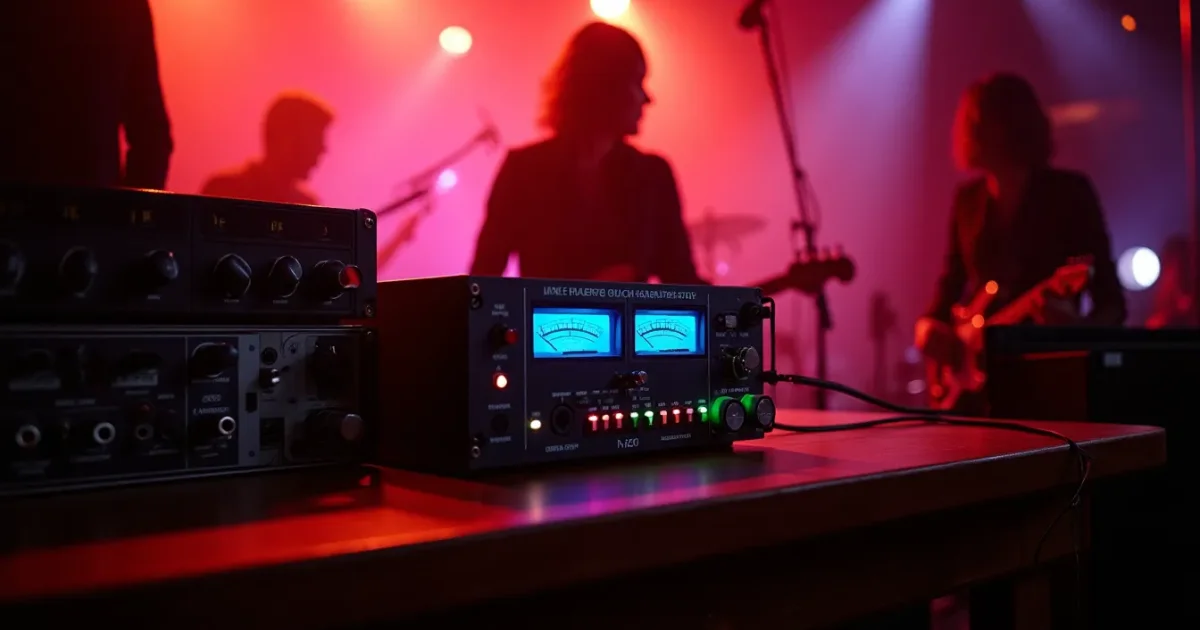 Eventide H910 Harmonizer в рэковой стойке студии 1980-х, рядом - микрофонный предусилитель и патч-бэй; тёплый студийный свет