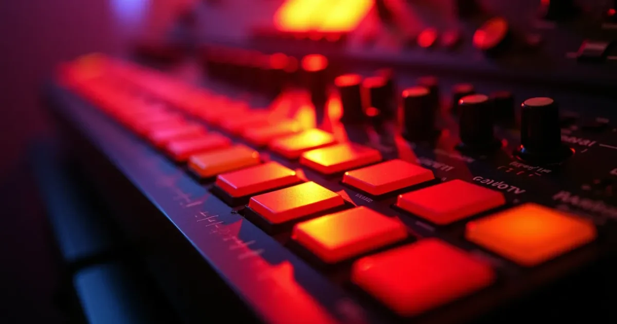 сетка кнопок Roland TR-808 крупным планом - 16 шагов, красные/оранжевые/жёлтые колпачки, регуляторы тембра