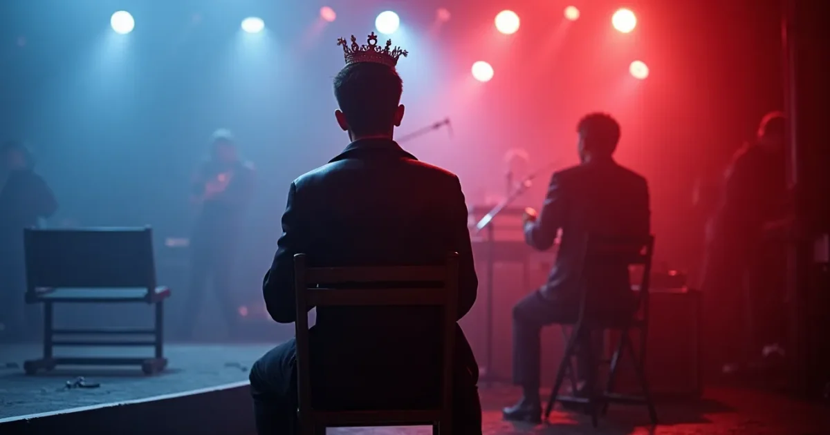 Dave Gahan in the “Enjoy the Silence” video, Scottish coastline, folding chair and crown