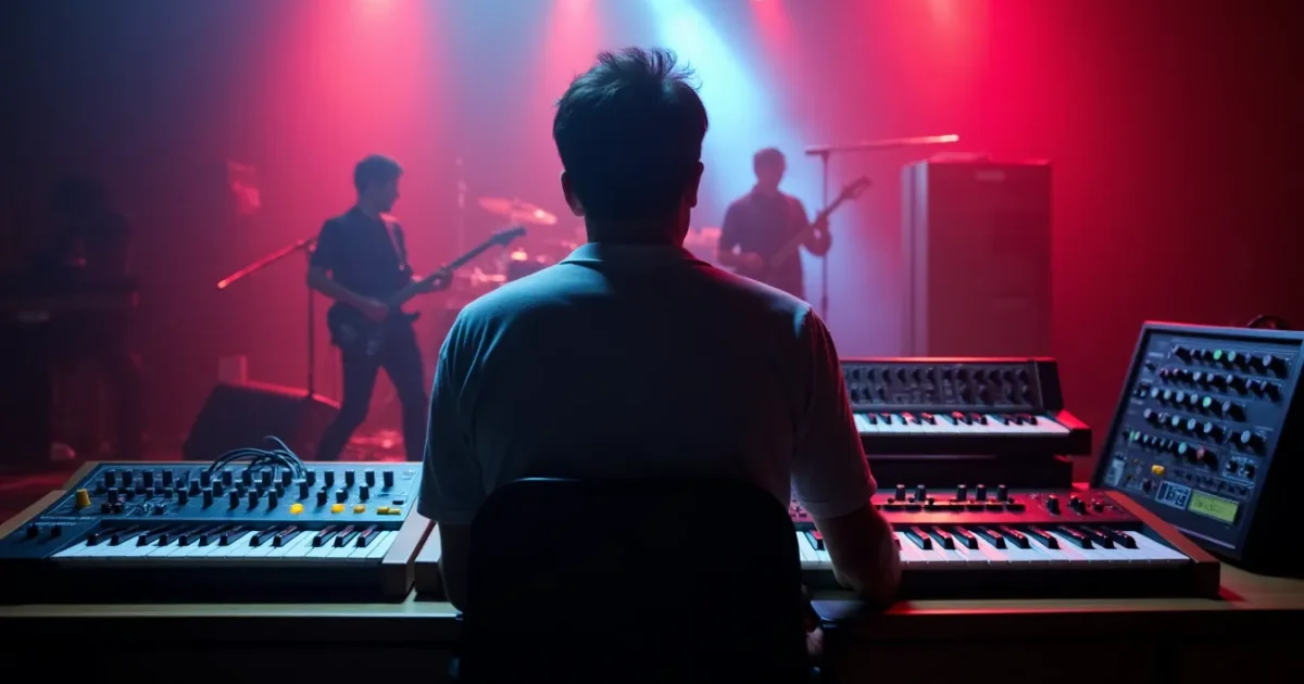 three devices on a studio desk, keyboard Mirage, button-based drum machine and a large computer sampler in the background, musician seen from behind