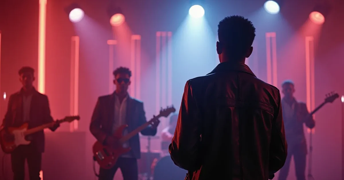Frame from Real McCoy "Another Night" - futuristic 3D city and O-Jay in a leather jacket