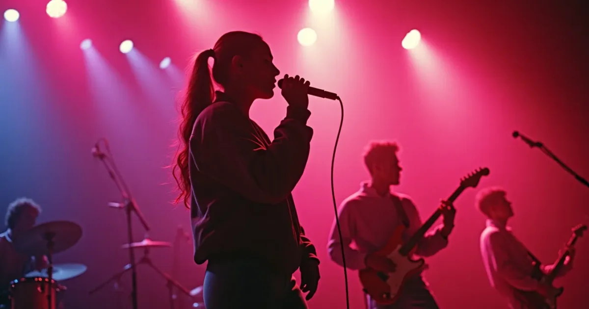 Trixi Delgado on stage with Masterboy, 1994 - microphone, neon backdrop, group tracksuit