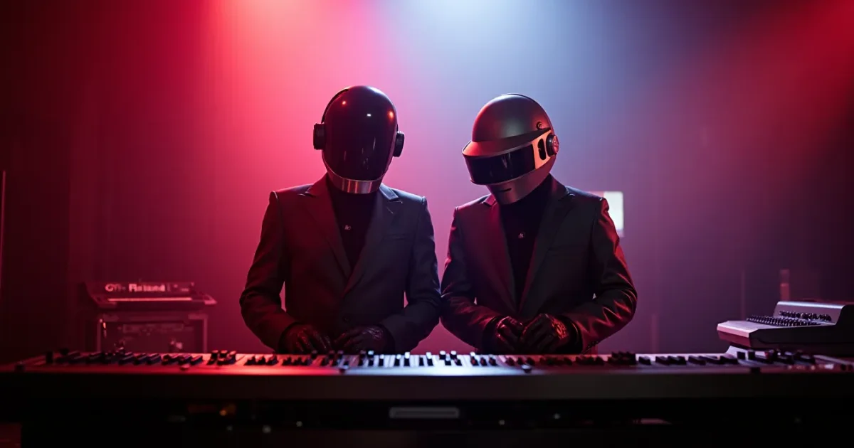 Daft Punk in the studio, 2001 - helmets on the table, Roland Jupiter and ARP Odyssey synthesizers behind them