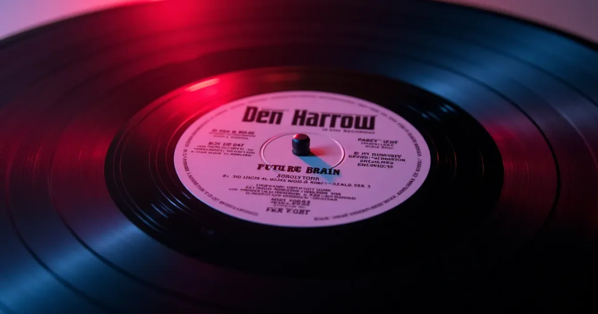 Close-up of the Den Harrow "Future Brain" 12-inch vinyl - the Baby Records label, matrix number BR 54059, the 7-inch version beside it for comparison