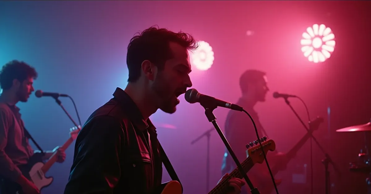 A frame from the Den Harrow "Future Brain" video, 1985 - Stefano Zandri in neon light "singing" into a microphone, a futuristic studio set