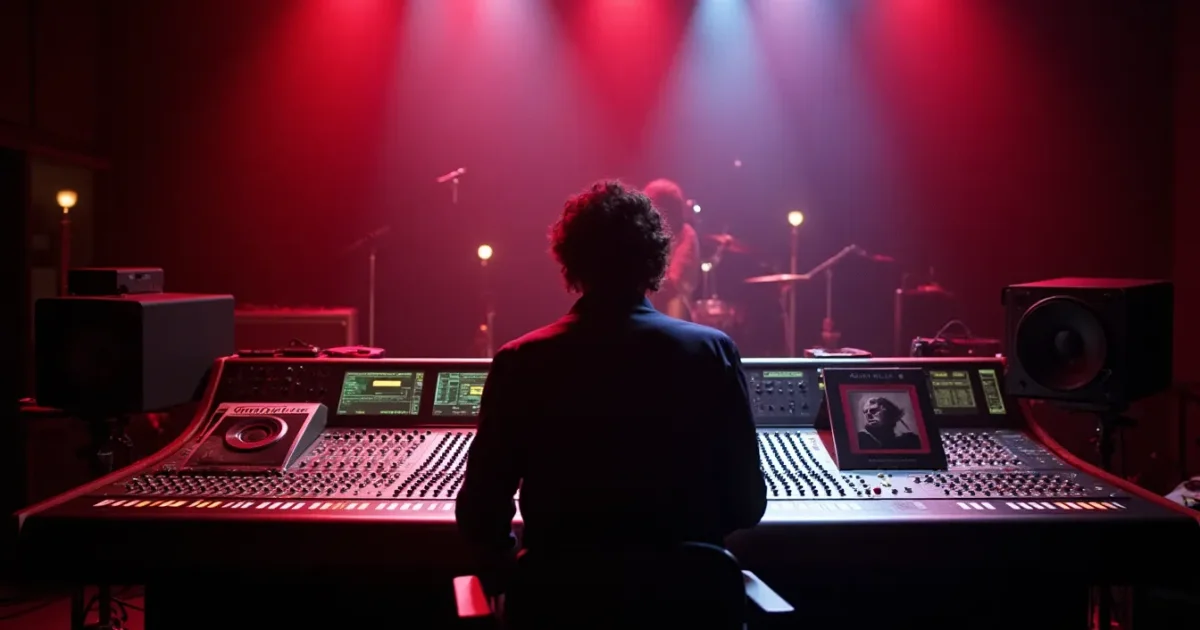Transparent Studio mixing console, Munich, 1985 - faders raised, level meters glowing, Grant Miller vinyl singles laid out on the console