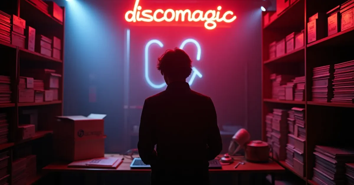 The Discomagic office on Via Mecenate, shelving with sub-labels - High Energy, Out, Sensation, Trash; boxes of releases for shipping to Japan on the shelf