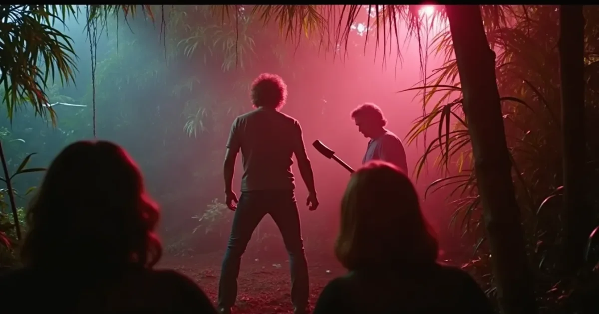 still from the “Hungry Like the Wolf” 1982 video - Simon Le Bon pushing through jungle with a machete, tropical trees in the background