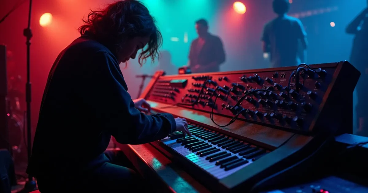 крупный план панели Moog Modular System 55 с патч-кабелями и секвенсором 960