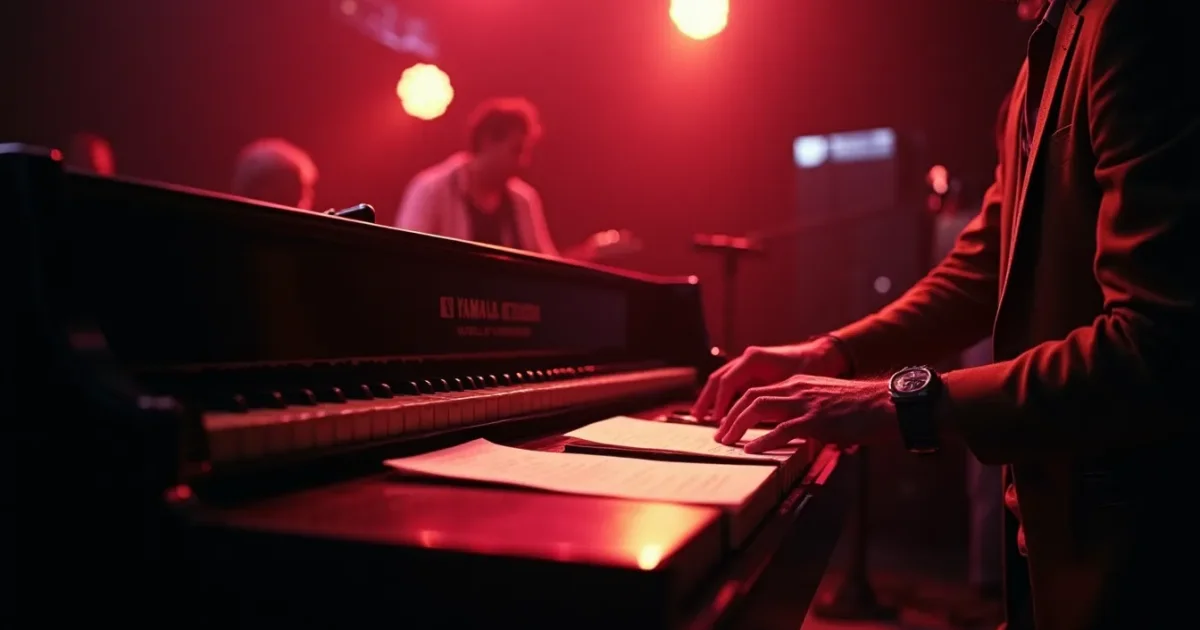 Mick Jones at a Yamaha grand at Atlantic Studios, New York, September 1984 - close-up on his hand at the keyboard, handwritten pages