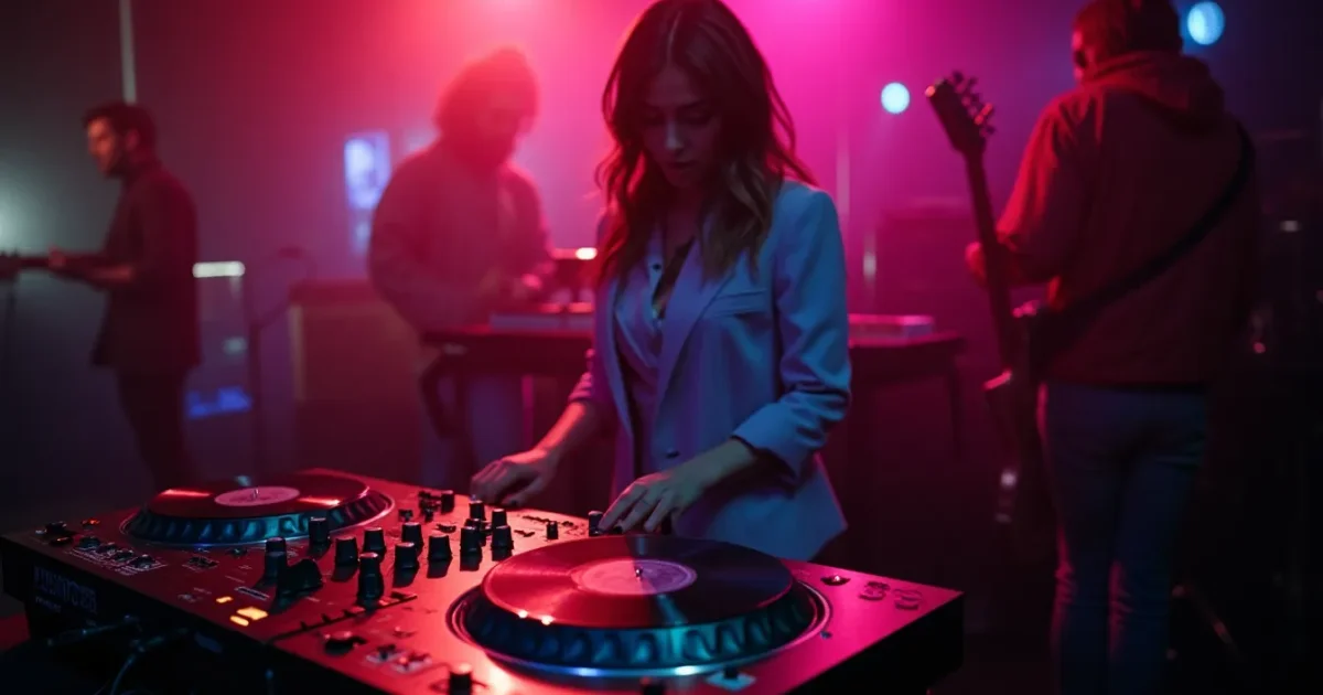 Диджей за пультом с двумя виниловыми пластинками - одна с обложкой Italo Disco, другая с обложкой synth-pop - на фоне клубного зала 80-х